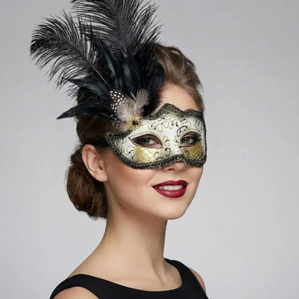 Feather Masquerade Mask Black Silver & Gold Venetian Style Halloween Costume